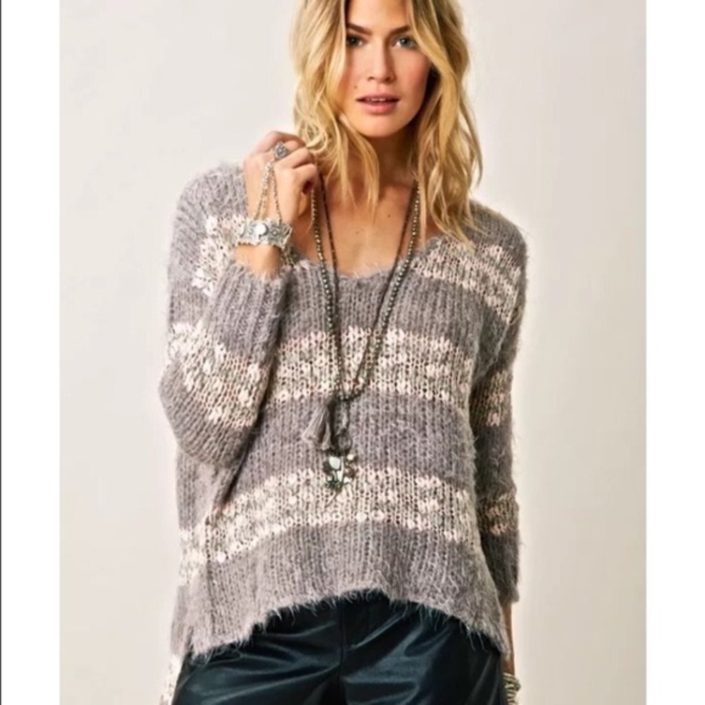 Free People - Grey & Pink Striped Pullover Sweater